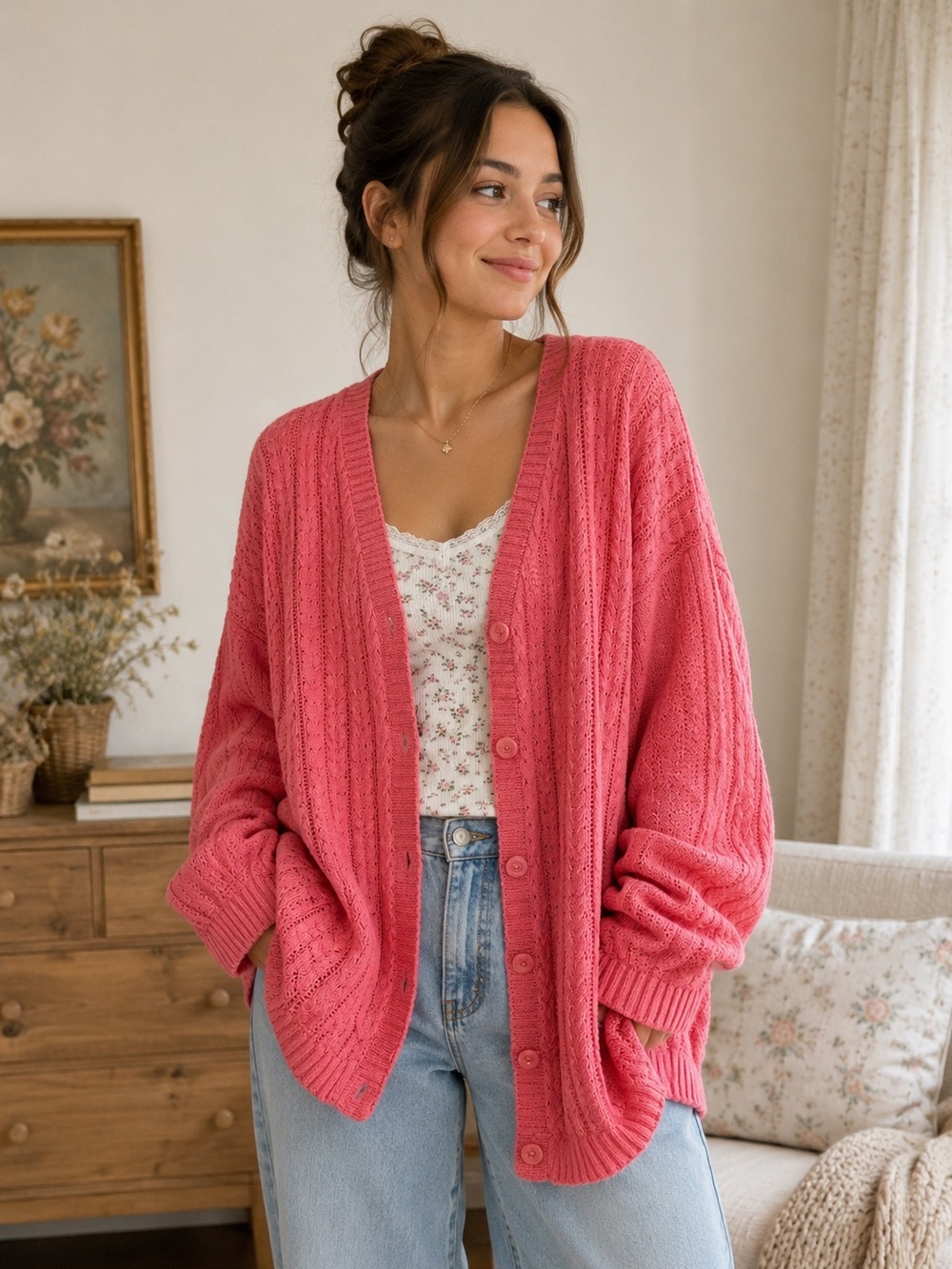 Vintage Pink Knit Cardigan Sweater – Cottagecore Grandma Chic Oversized